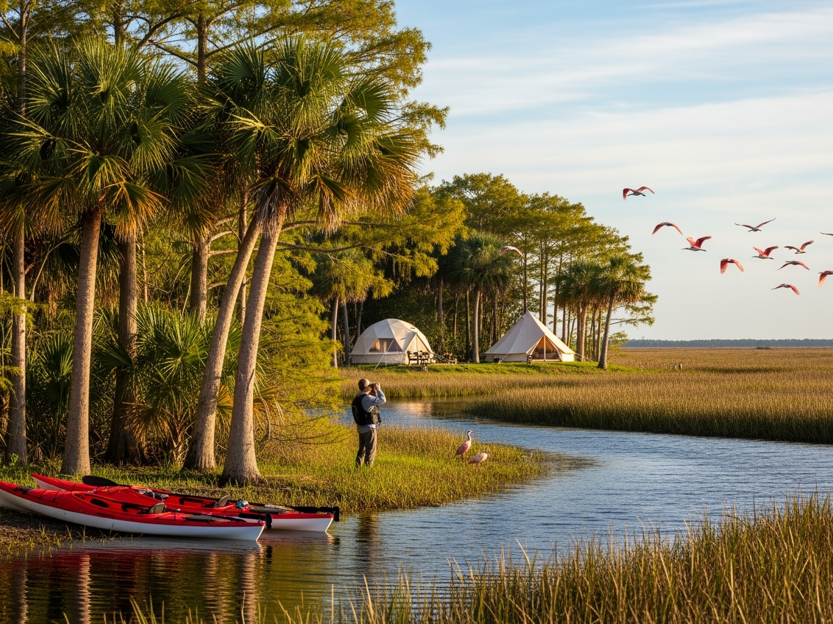 Flamingos flying over everglades fall camping scene